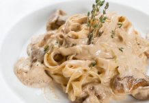 Паста тальятелле с соусом из грибов и курицы